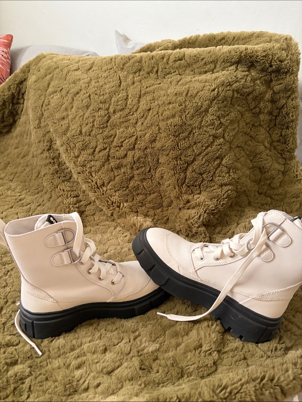 Cream Lace-Up Combat Boots with Black Lug Sole